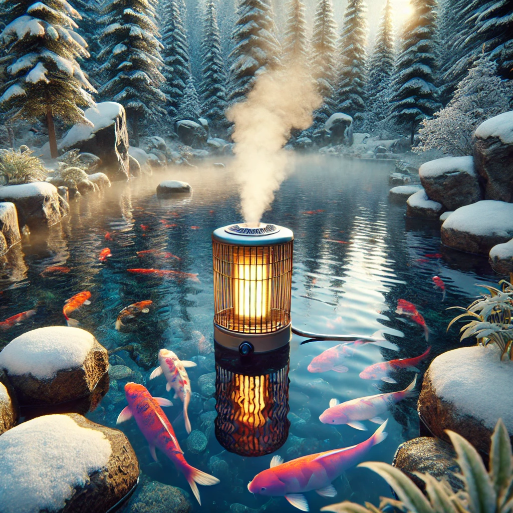 A serene koi pond in winter with a visible pond heater, surrounded by snow-covered landscaping.