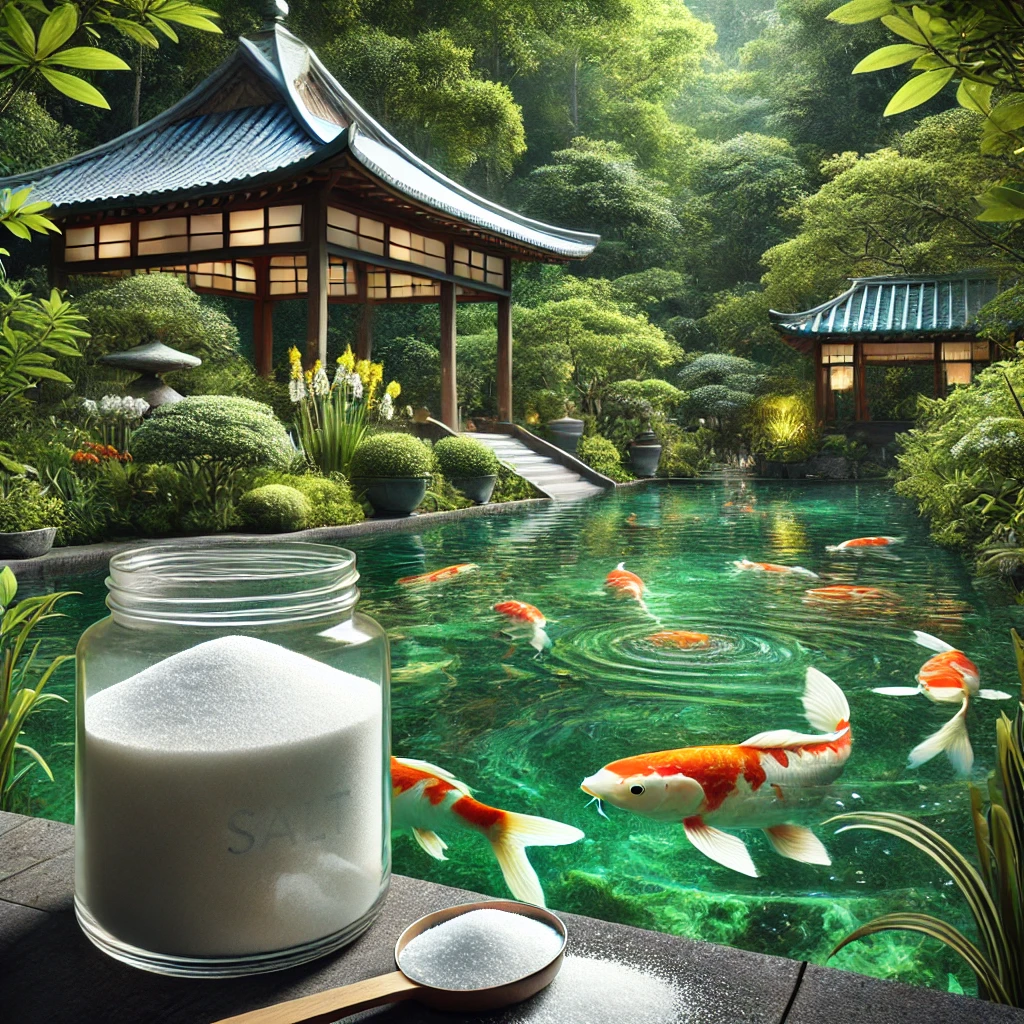 Serene koi pond with vibrant koi fish swimming in clear water, surrounded by lush greenery and a subtle display of a salt jar nearby.