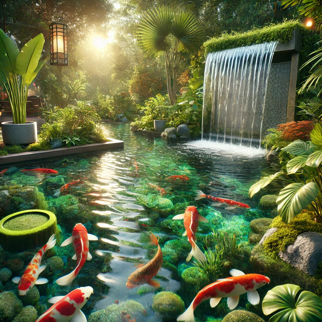 Beautiful koi pond surrounded by lush greenery, featuring vibrant koi fish and a natural filtration system to maintain water quality.