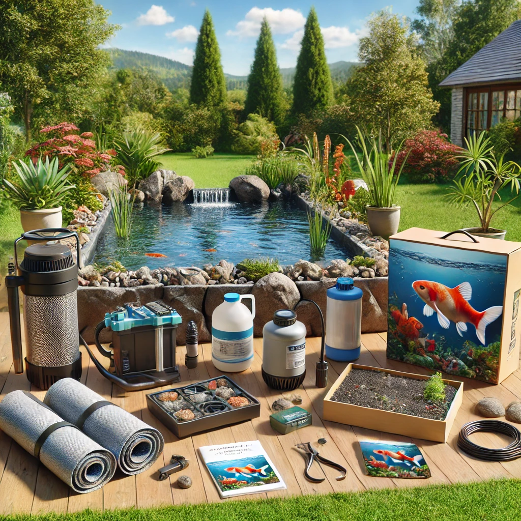 Comprehensive koi pond kit with essential tools, filters, and decorative plants for setting up a backyard pond.