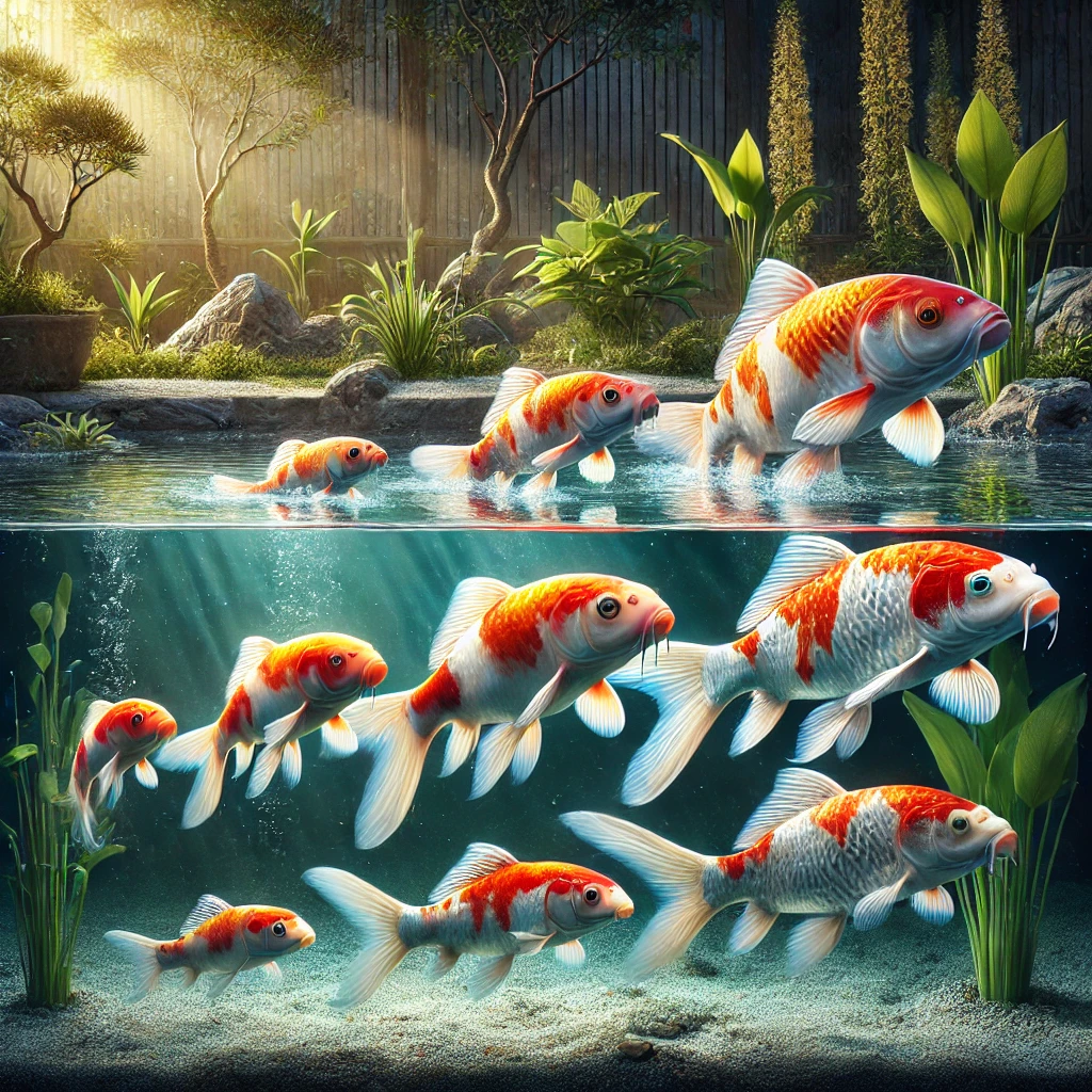 Vibrant koi fish in a serene pond environment, showcasing different growth stages from juvenile to adult.