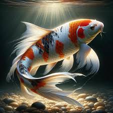 Close-up of a stunning and vibrant koi fish with red, white, and black patterns, illuminated by sunlight in a serene pond environment.