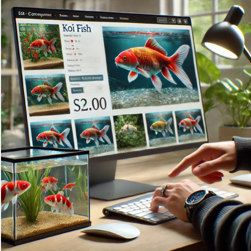 A person browsing an online store selling koi fish on a desktop screen, with a small aquarium featuring a koi fish on the desk beside them. The website displays various koi fish images, pricing, and purchase options.