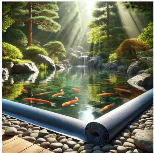 A peaceful koi pond surrounded by lush greenery with sunlight filtering through the trees, featuring a rolled-out yoga mat on a stone pathway, blending relaxation and nature.