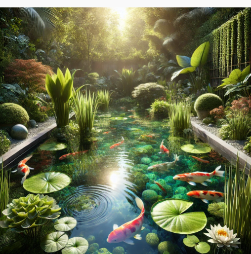 A vibrant koi pond surrounded by lush greenery and blooming water lilies, reflecting sunlight streaming through the trees, creating a serene and tranquil atmosphere.