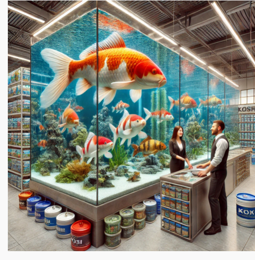 Alt Text: A futuristic koi fish store with a massive, crystal-clear aquarium featuring oversized koi fish, creating an immersive shopping experience. A couple consults with a store expert while surrounded by aquarium supplies and fish food.