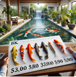 A luxurious indoor koi pond with a stunning waterfall in the background. In the foreground, a koi fish price guide displays different koi varieties with prices ranging from $3 to $30,000, highlighting the factors that influence koi value.