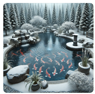 A serene koi pond covered in snow, surrounded by frost-covered trees and rocks, with vibrant koi fish swimming beneath the icy water.