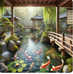 A breathtaking Japanese koi pond surrounded by lush greenery, traditional wooden bridges, and serene pagodas, with colorful koi fish gliding through crystal-clear water.