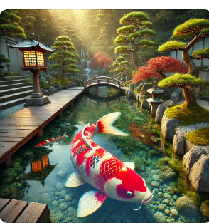 A stunning red and white Nishikigoi koi fish swimming in a crystal-clear Japanese pond, surrounded by lush greenery, bonsai trees, a wooden bridge, and traditional lanterns.